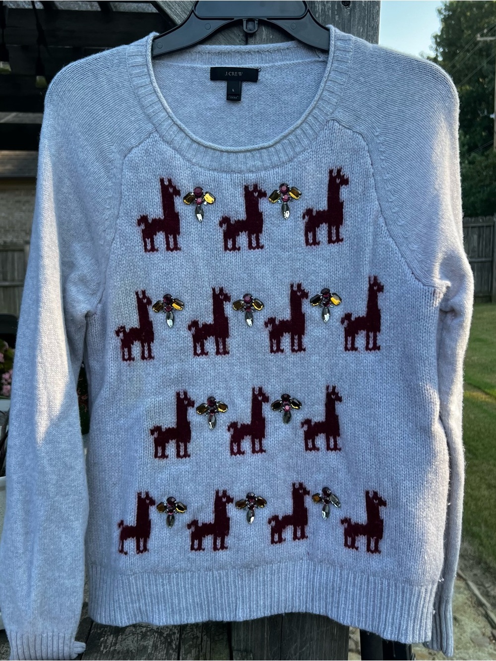 J. Crew Light Gray Wool Sweater with Burgundy Llama Motif and Jewel Accents